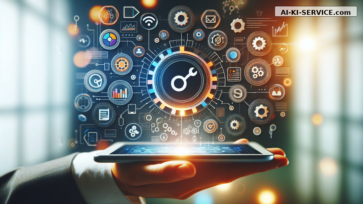 Abstrakte Tech-Headergrafik mit Branding „AI-KI-SERVICE.com“ – Headergrafik zu: Automatisierte SEO Betreuung für mühelosen Erfolg