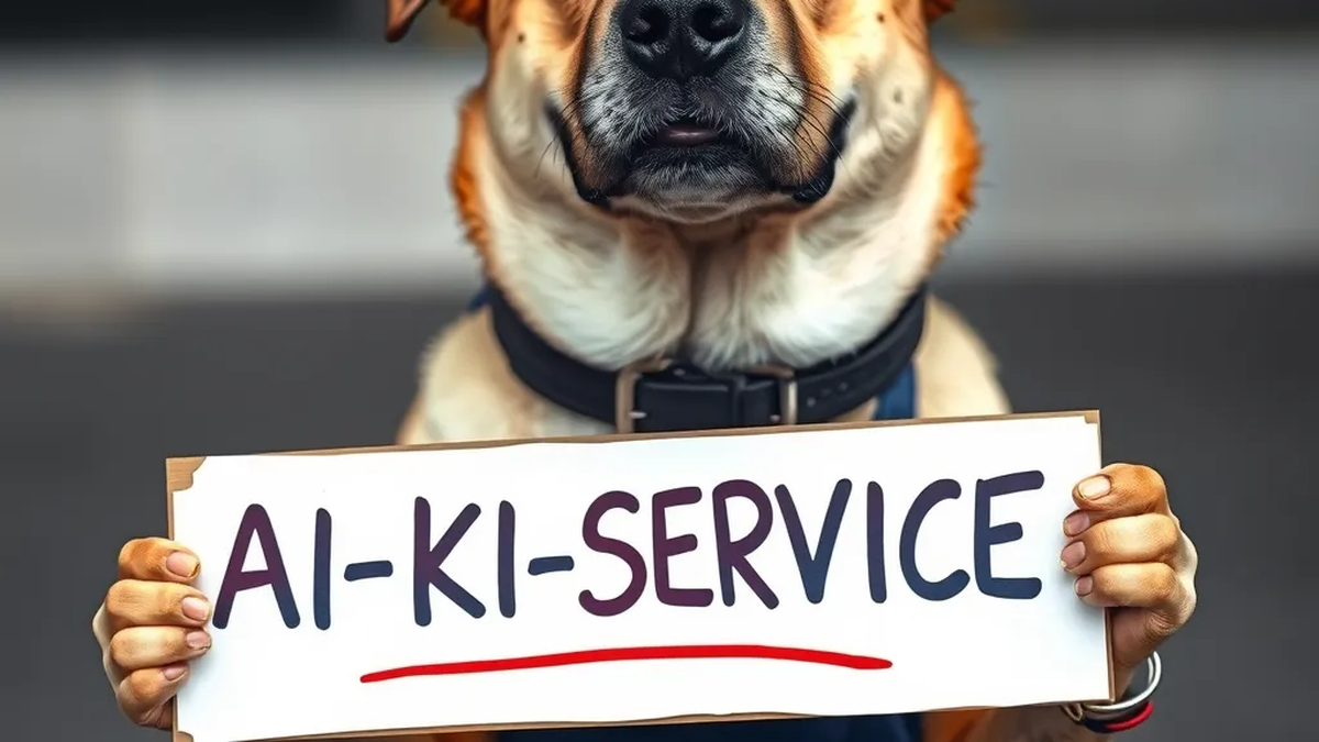 Hund mit Schild „AI-KI-SERVICE.com“ – Headergrafik zu: Automatisierte SEO-Optimierung für maximale Sichtbarkeit