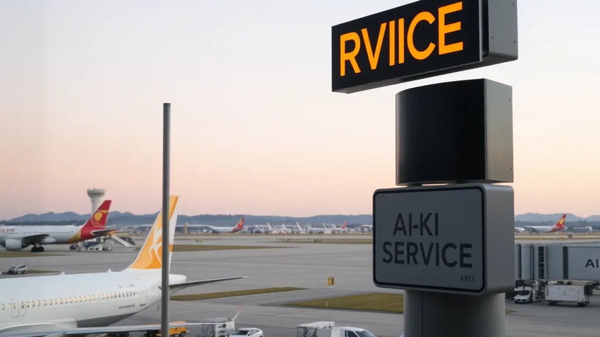 Flughafen-Anzeige „AI-KI-SERVICE.com“ – Headergrafik zu: Automatisierte Lösungen durch individuelle Entwicklung