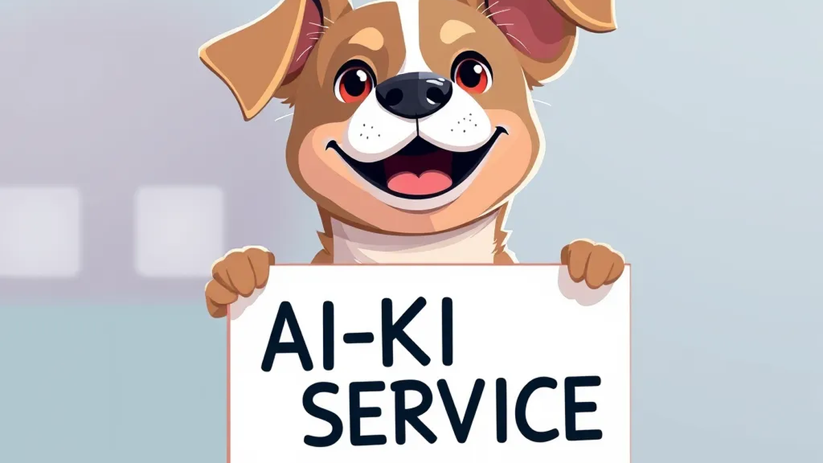 Hund mit Schild „AI-KI-SERVICE“ – Headergrafik zu: Individuelle SEO-Profi-Pakete